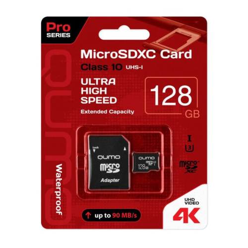 Карта памяти Qumo 128Gb QM128GMICSDXC10U3 90/70 МБ/с UHS-I U3, Pro seria 3.0 с адаптером SD