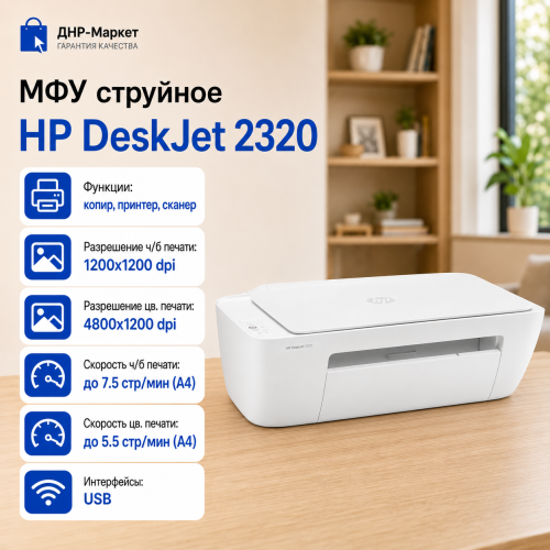 МФУ струйный HP DeskJet 2320 (7WN42B) белый, цветная печать, A4, 4800x1200 dpi, ч/б - 7.5 стр/мин (А4), USB