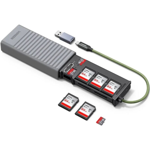 Мультифункциональный кейс для карт памяти UGREEN CM856 (55899) Multi-function USB-A USB-C 2×SD Card Slot 1×TF Card Slot Card Reader Case серый