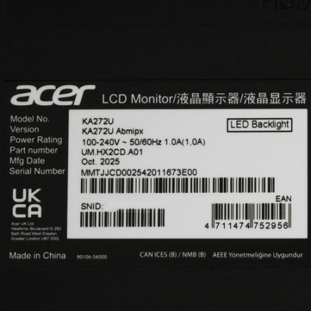 27" Монитор Acer KA272UAbmipx черный