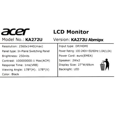 27" Монитор Acer KA272UAbmipx черный